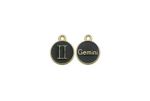 Round Black Enameled Zodiac Charms - Gemini 15x12mm - 1pc