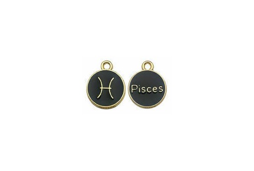 Round Black Enameled Zodiac Charms - Pisces 15x12mm - 1pc