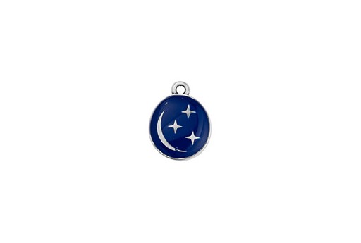 Enamelled Oval Pendant with Stars and Moon - Silver Blue 12,7x16,2mm - 2pcs