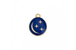 Enamelled Oval Pendant with Stars and Moon - Gold Blue 12,7x16,2mm - 2pcs