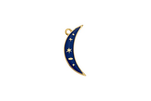 Enamel Moon Pendant with Stars - Gold Blue 10,2x23,1mm - 1pc