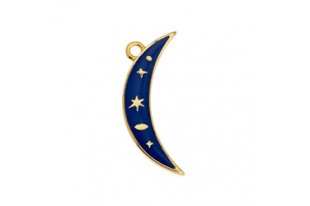 Enamel Moon Pendant with Stars - Gold Blue 10,2x23,1mm - 1pc