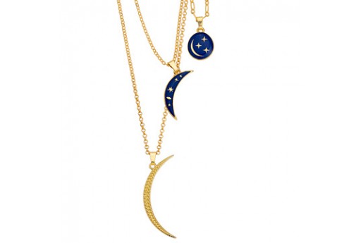Enamelled Oval Pendant with Stars and Moon - Gold Blue 12,7x16,2mm - 2pcs 2