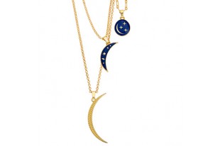 Enamelled Oval Pendant with Stars and Moon - Gold Blue 12,7x16,2mm - 2pcs
