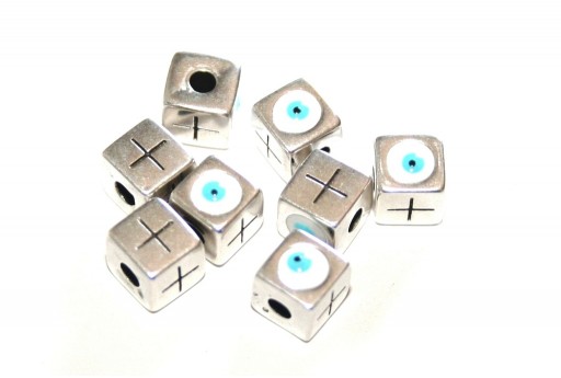 Perlina Cubo con Croce e Occhio - Argento Celeste 5,6x5,6mm - 4pz