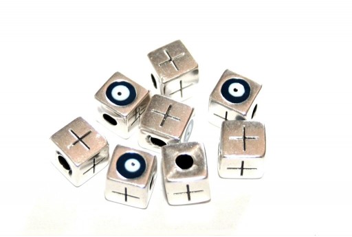 Zamak Cube with Cross and Eye - Silver Blue 5,6x5,6mm - 4pcs