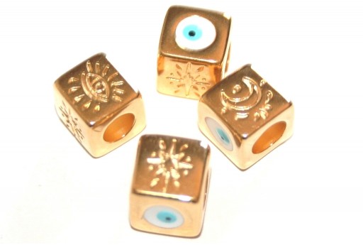 Zamak Cube Spiritual with Eye - Gold Light Blue 8,2x8,2mm - 2pcs