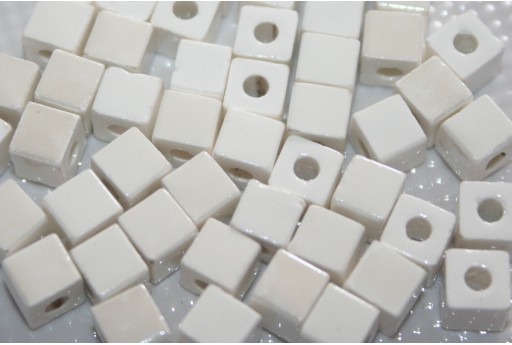Perline in Ceramica Cubo - Bianco 6mm - 10pz
