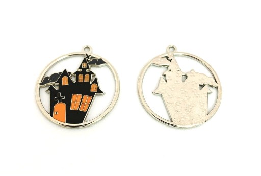 Charm Smaltato Halloween Castello - Nero Argento 24x22mm - 2pz