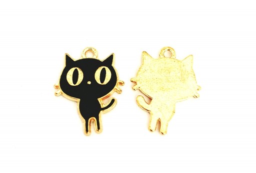 Charm Smaltato Halloween Gatto - Nero Oro 19x14mm - 2pz