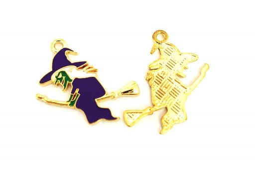 Metal Charms Halloween Witch on Broom - Purple Gold 24x20mm - 2pcs