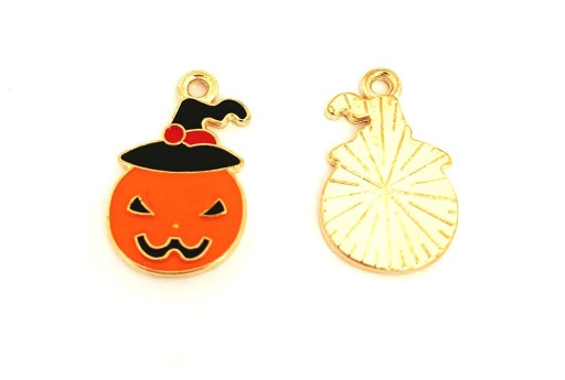 Charm Smaltato Halloween Zucca Jack-O' Lantern -  Arancio Oro 20x13mm - 2pz