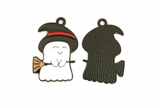 Charm Smaltato Halloween Fantasma con Scopa - Bianco Nero 22x15mm - 2pz