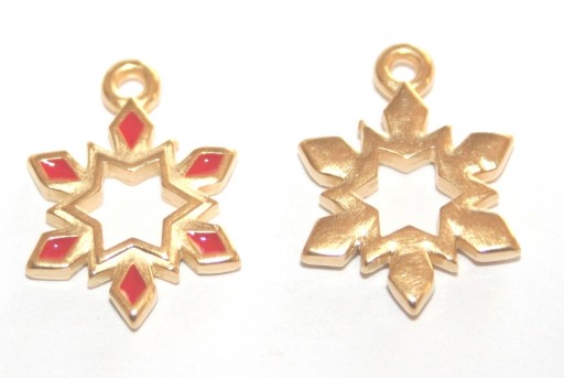 Metal Charms Christmas Snowflake - Gold Red 12,5x17,4mm - 2pcs