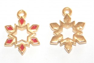 Metal Charms Christmas Snowflake - Gold Red 12,5x17,4mm - 2pcs