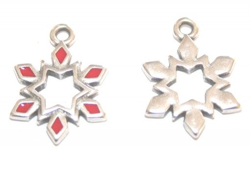 Metal Charms Christmas Snowflake - Silver Red 12,5x17,4mm - 2pcs