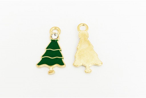 Charms Smaltato Albero di Natale con Strass - Oro Verde 21x11mm - 2pz