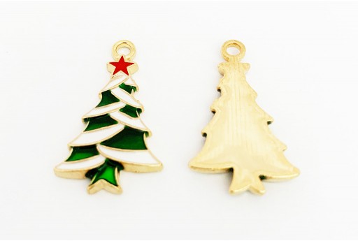 Enamel Christmas Tree - Gold Green 27x16mm - 2pcs