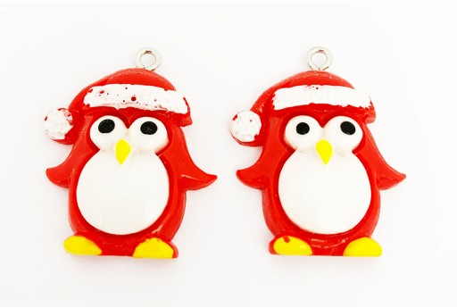 Resin Christmas Pendant - Red Penguin 31x24mm - 2pcs