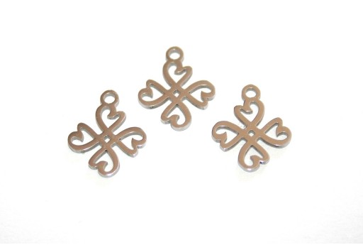 Charms in Acciaio Platino - Quadrifoglio Cuore 14x12mm - 2pz