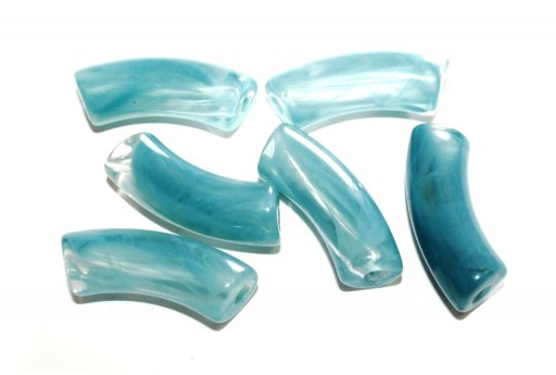 Acrylic Beads Curved Tube Marble - Light Blue 34x13mm - 8pcs