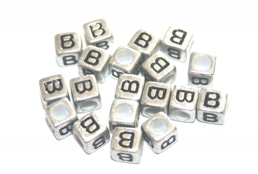 Perline Acrilico Cubo Lettera B - Argento 6mm - 20pz