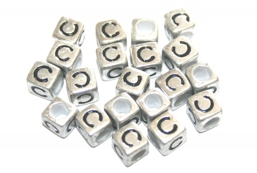 Acrylic Beads Cube Letter C Silver 6mm - 20pcs