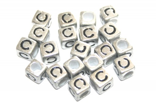 Perline Acrilico Cubo Lettera C - Argento 6mm - 20pz