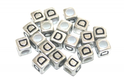 Acrylic Beads Cube Letter D Silver 6mm - 20pcs