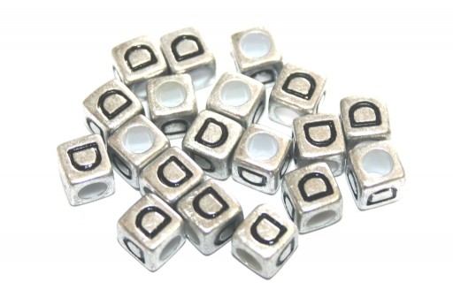 Perline Acrilico Cubo Lettera D - Argento 6mm - 20pz