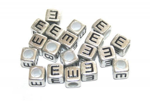 Acrylic Beads Cube Letter E Silver 6mm - 20pcs