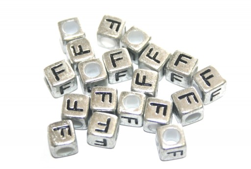 Perline Acrilico Cubo Lettera F - Argento 6mm - 20pz