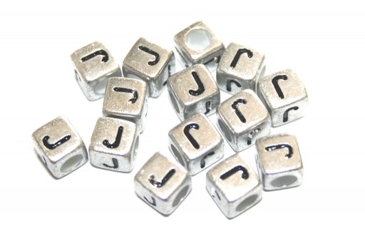 Acrylic Beads Cube Letter J Silver 6mm - 20pcs