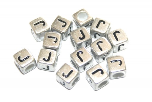 Perline Acrilico Cubo Lettera J - Argento 6mm - 20pz