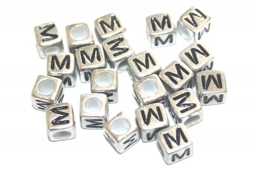 Perline Acrilico Cubo Lettera M - Argento 6mm - 20pz