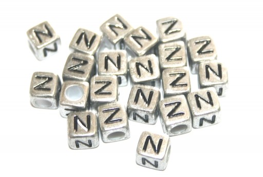 Acrylic Beads Cube Letter N Silver 6mm - 20pcs