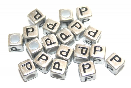 Acrylic Beads Cube Letter P Silver 6mm - 20pcs