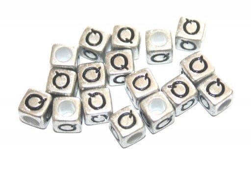 Perline Acrilico Cubo Lettera Q - Argento 6mm - 20pz