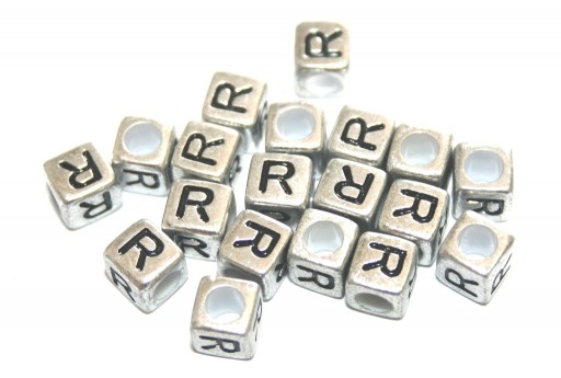 Acrylic Beads Cube Letter R Silver 6mm - 20pcs