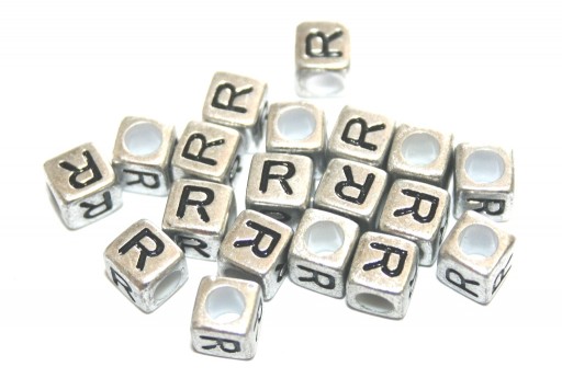 Perline Acrilico Cubo Lettera R - Argento 6mm - 20pz