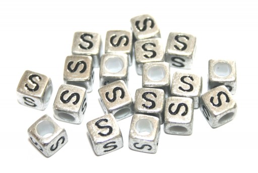 Acrylic Beads Cube Letter S Silver 6mm - 20pcs