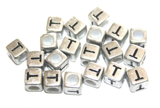 Acrylic Beads Cube Letter T Silver 6mm - 20pcs