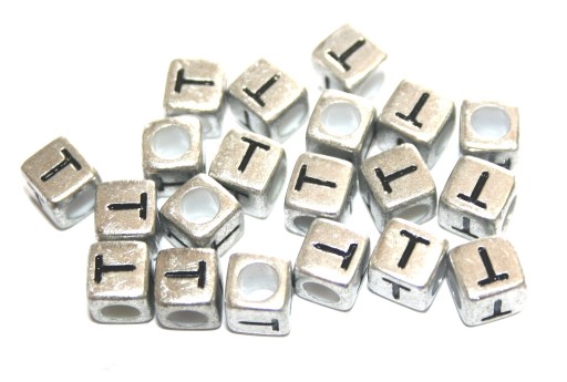 Perline Acrilico Cubo Lettera T - Argento 6mm - 20pz