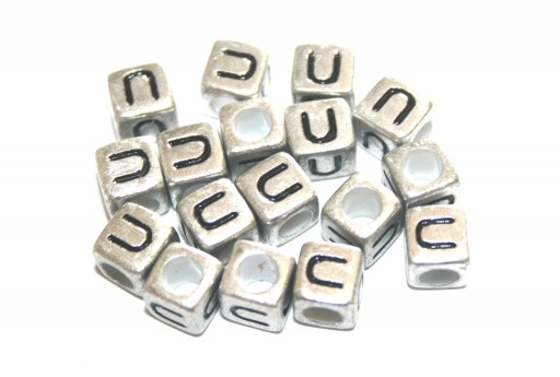 Perline Acrilico Cubo Lettera U - Argento 6mm - 20pz