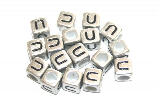 Acrylic Beads Cube Letter U Silver 6mm - 20pcs