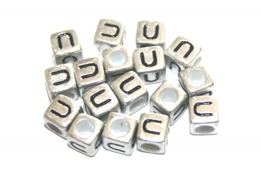 Perline Acrilico Cubo Lettera U - Argento 6mm - 20pz