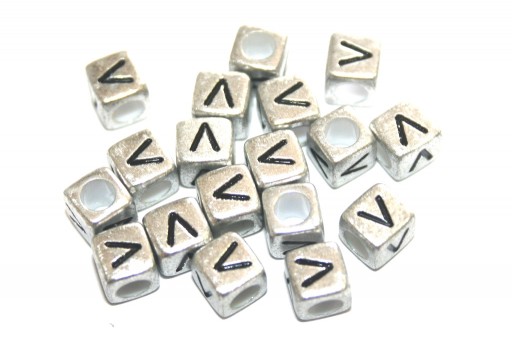 Perline Acrilico Cubo Lettera V - Argento 6mm - 20pz