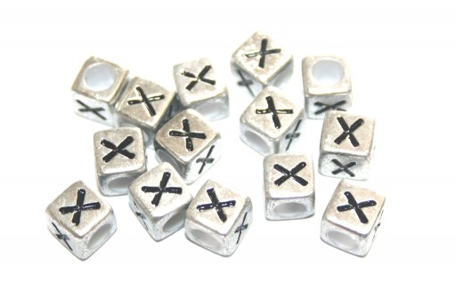 Perline Acrilico Cubo Lettera X - Argento 6mm - 20pz