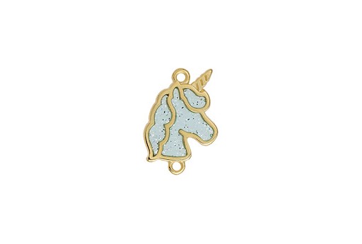 Glass Unicorn Link with Glitter - Gold Aqua 14,5x22,5mm - 1pc