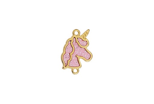 Link Unicorno in Vetro con Glitter - Oro-Rosa 14,5x22,5mm - 1pz